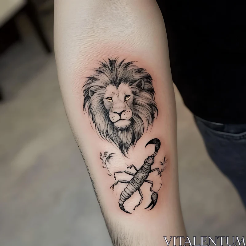 Detailed Lion Head and Scorpion Arm Tattoo AI Image