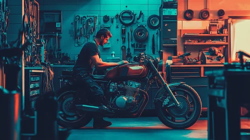 Garage Scene with Classic Motorcycle