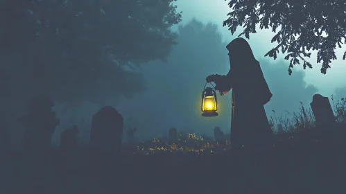 Mysterious Figure in Foggy Cemetery at Night