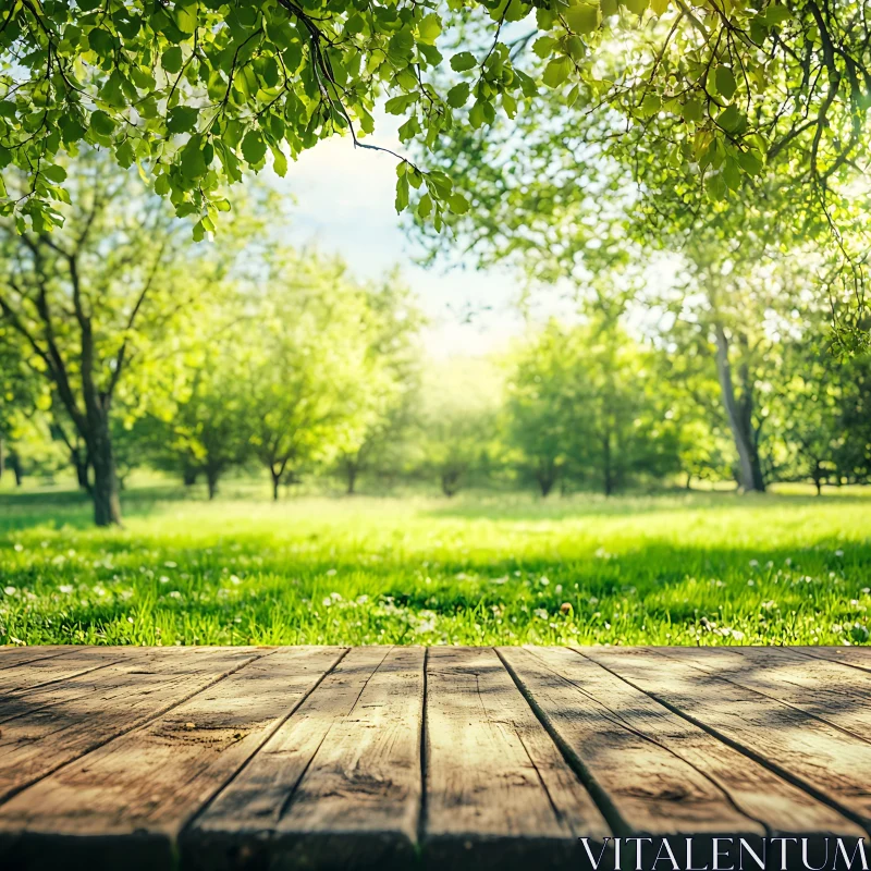 Sunlit Meadow View from Wooden Deck AI Image