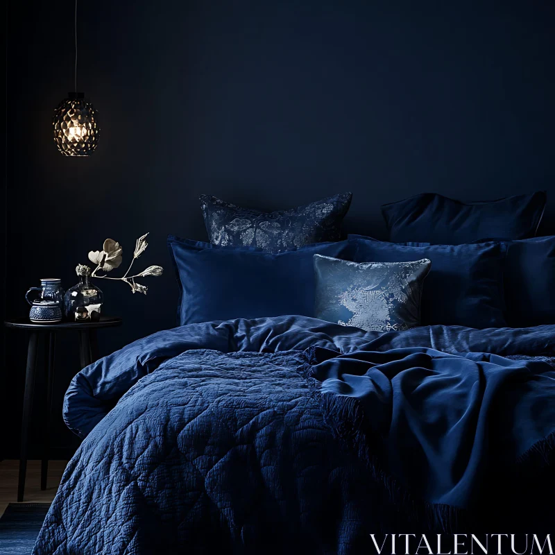 Sophisticated Blue Bedroom Decor AI Image