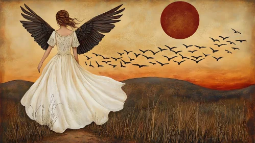 Sunset Angel with Wings and Birds