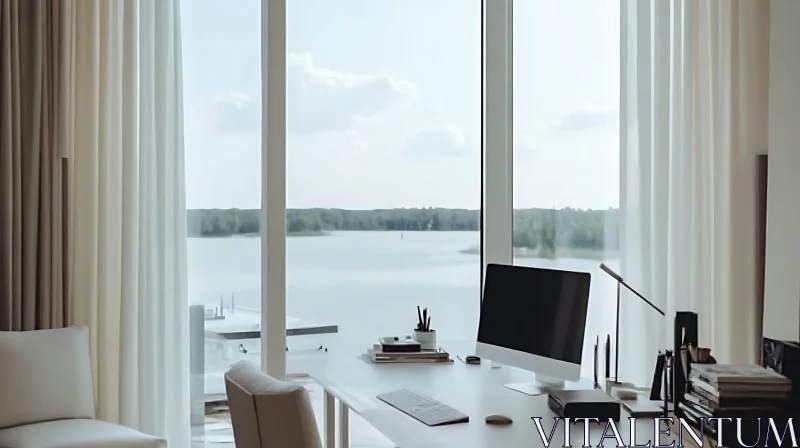 Minimalist Office with Lake View AI Image