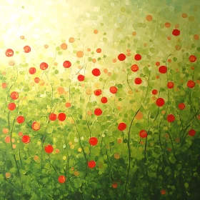 Abstract Green Field with Red Flowers