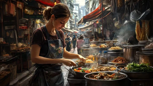 Bustling Market with Chef Cooking Varied Dishes