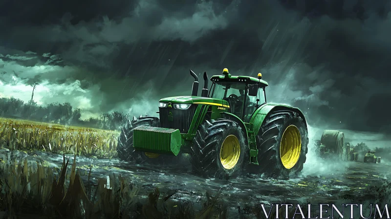 AI ART Green Tractor Working in Rainy Field