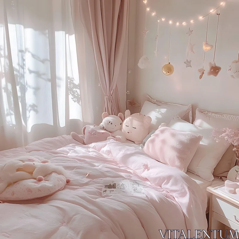 AI ART Soft Pink Bedroom with Plush Bedding