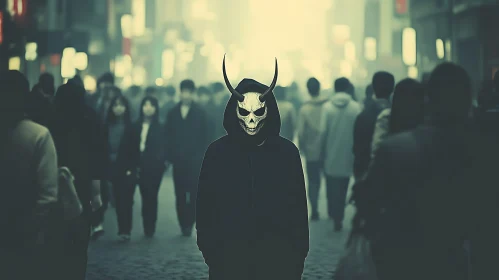 Hooded Figure with Skull Mask in Urban Setting