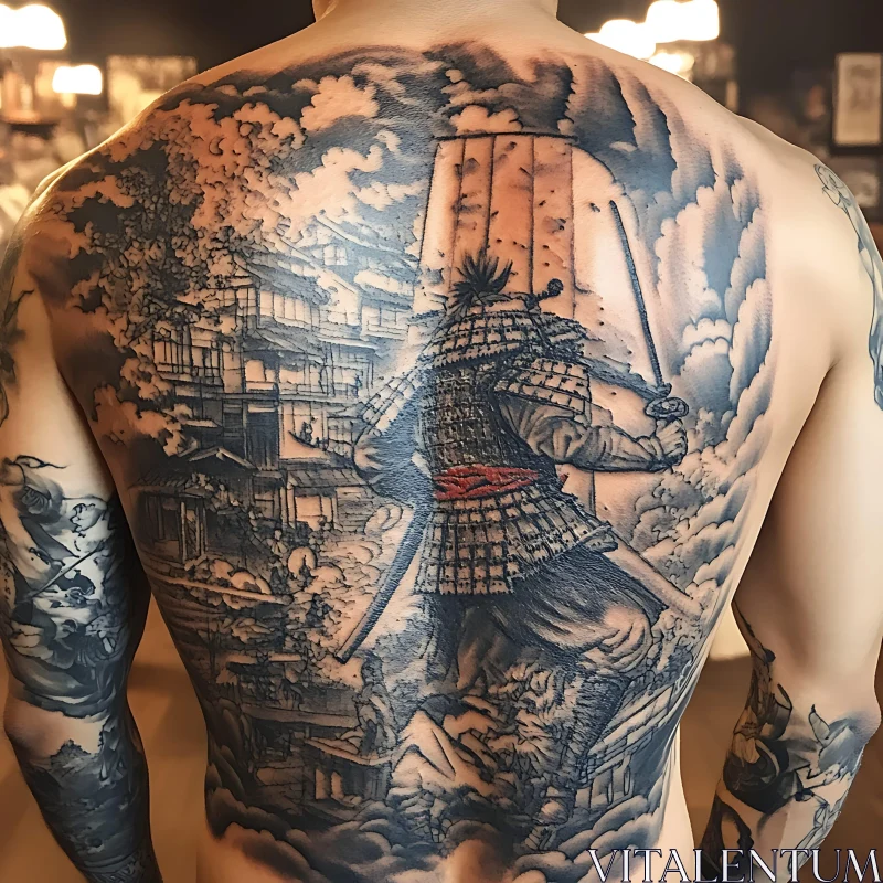 Detailed Samurai Tattoo on Back AI Image