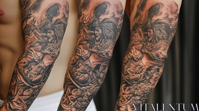 Detailed Mythological Full-Sleeve Arm Tattoo AI Image