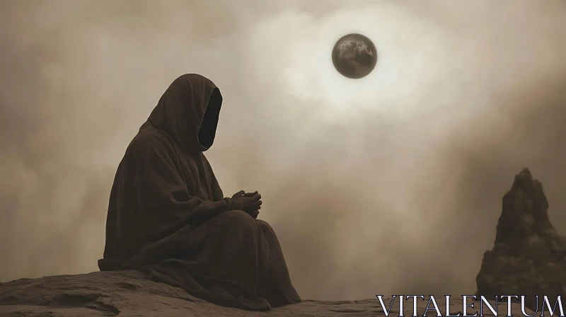 Hooded Figure Meditating Under Moonlit Sky AI Image