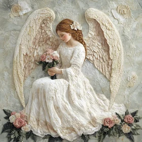 Ethereal Angel with Roses in White Dress