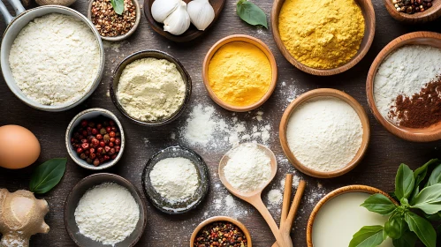 Assortment of Cooking Ingredients in a Rustic Kitchen Setup