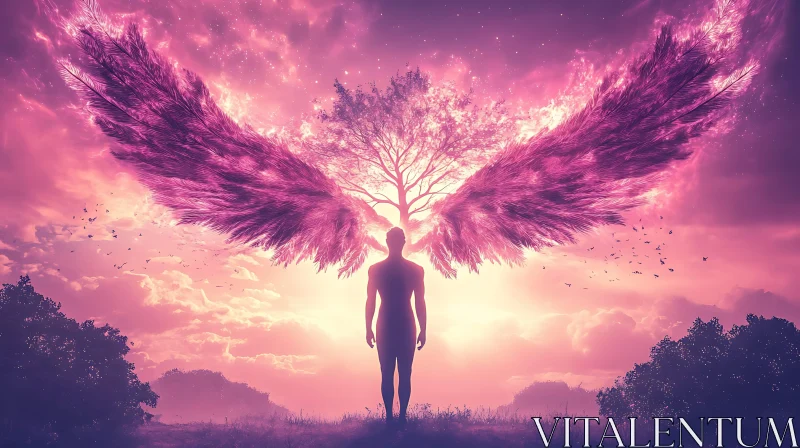 Winged Silhouette Under Pink Sky AI Image