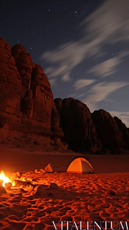 Captivating Campfire on a Desert Beach: A Nighttime Adventure AI Image