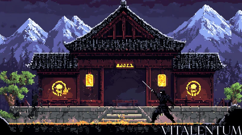 Pixelated Ninja at Ancient Temple AI Image