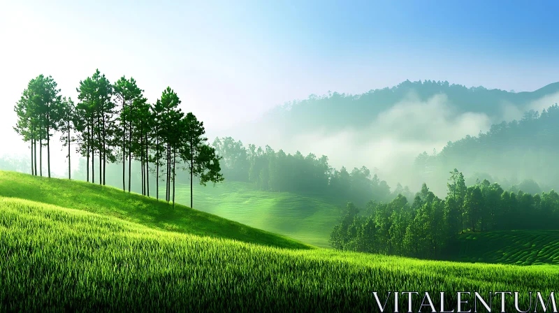 Green Landscape with Trees and Mist AI Image