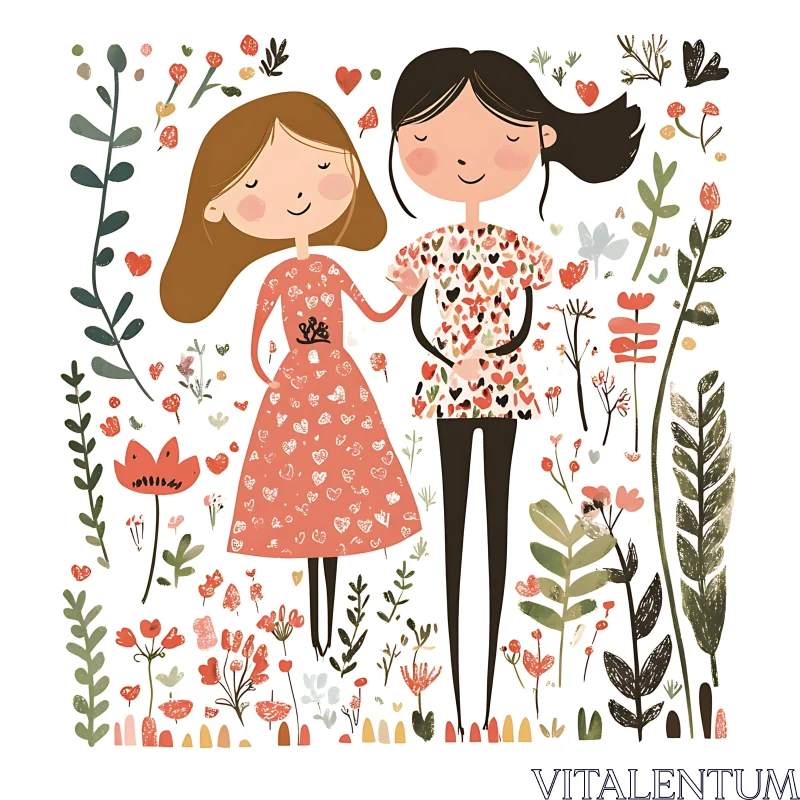 Whimsical Friends in a Garden of Hearts AI Image