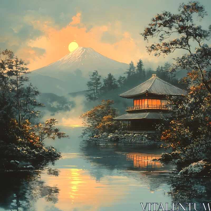 Serene Temple by Lake at Sunset AI Image