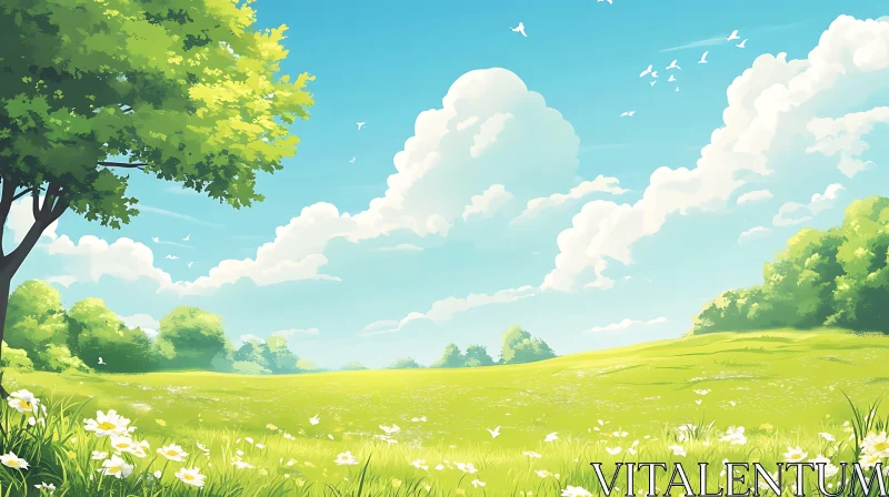 AI ART Scenic Field with Flowers and Clouds