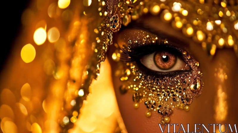 Glamorous Woman's Eye in Gold Headdress - Close-Up Photography AI Image