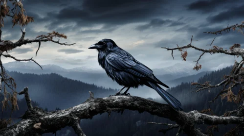 Gothic Landscape with Black Raven Perched on Tree Branch