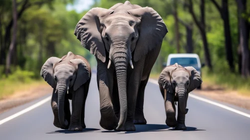 Graceful Elephants Crossing Road: Majestic and Emotive