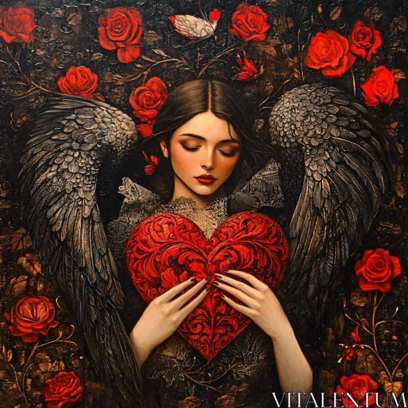 AI ART Winged Woman with Heart and Roses