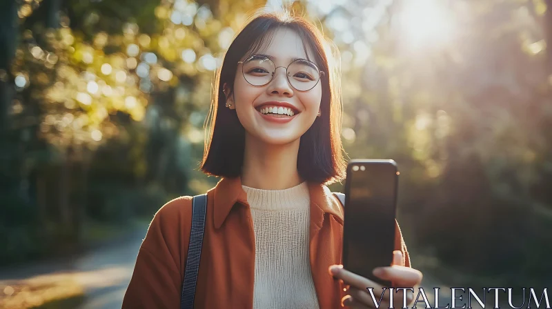 Happy Woman with Phone in Nature AI Image