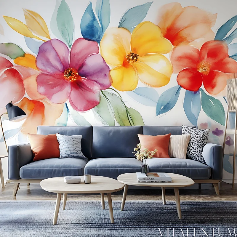 AI ART Blue Sofa with Floral Watercolor Wall