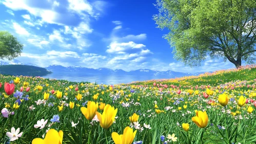 Blooming Tulips Under a Summer Sky