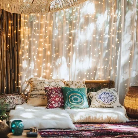 Cozy Bohemian Interior with Pillows and Lights