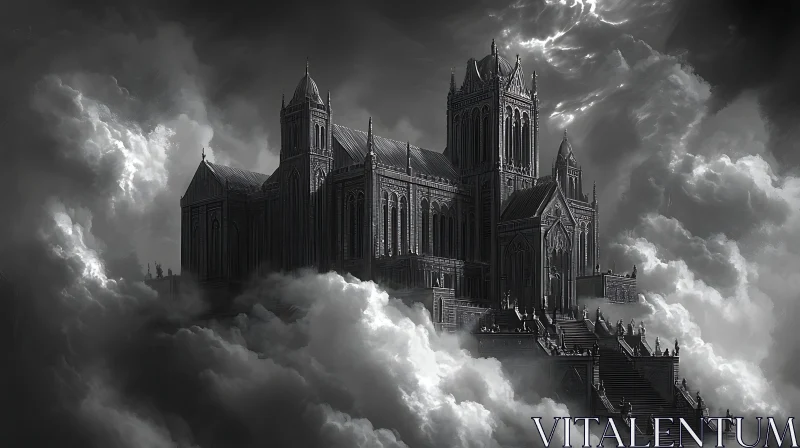 AI ART Monochrome Cathedral in Cloudy Sky