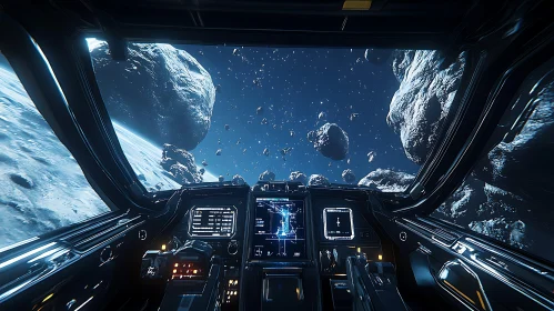 Asteroid Field From Spaceship Cockpit