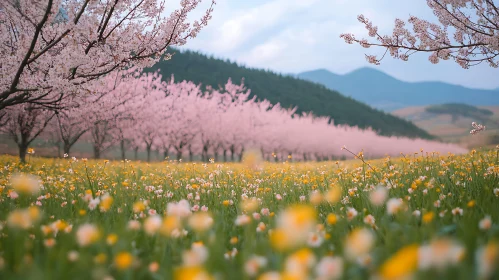 Floral Meadow Under Blooming Trees