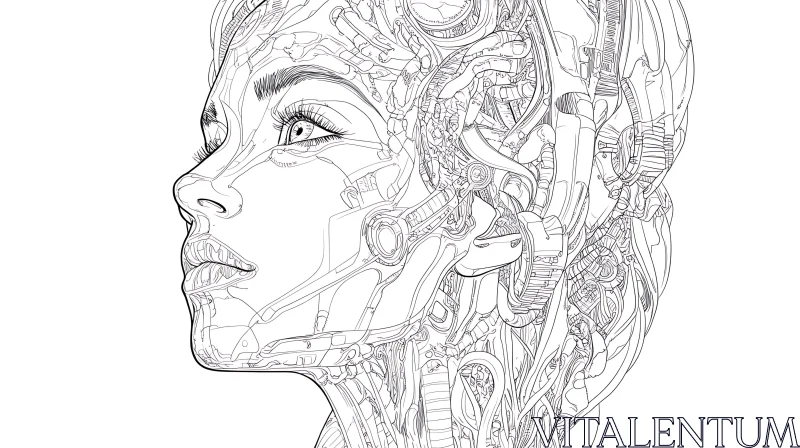 Detailed Cyborg and Human Fusion Line Art AI Image