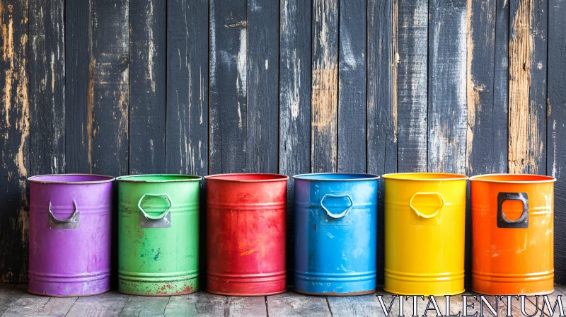 Rainbow of Paint Cans on Wood AI Image