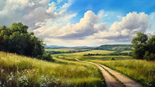 Idyllic Meadow Vista with Dirt Road