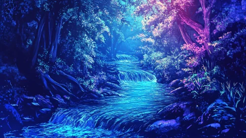 Magical Night Forest with Waterfalls