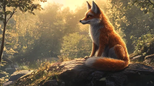 Fox on a Rock in the Forest