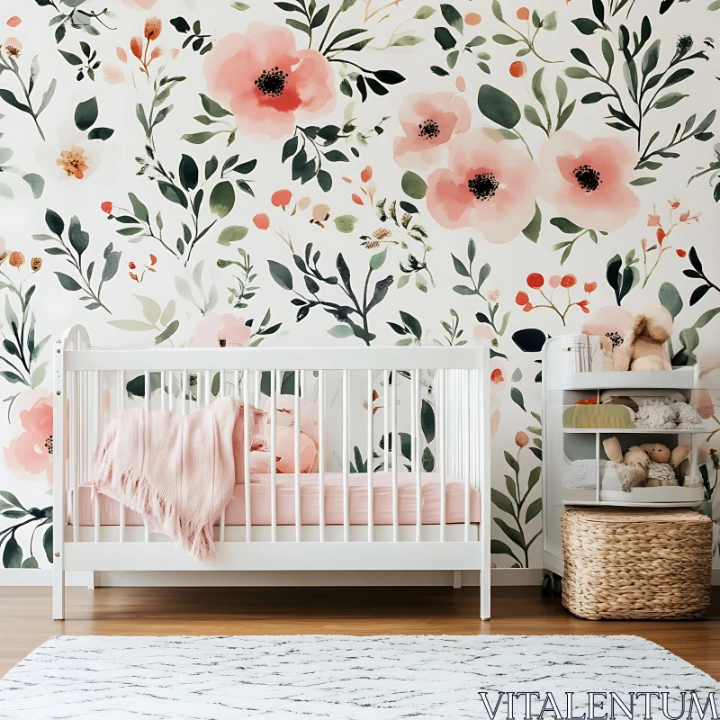 AI ART Peaceful Nursery with Floral Wallpaper