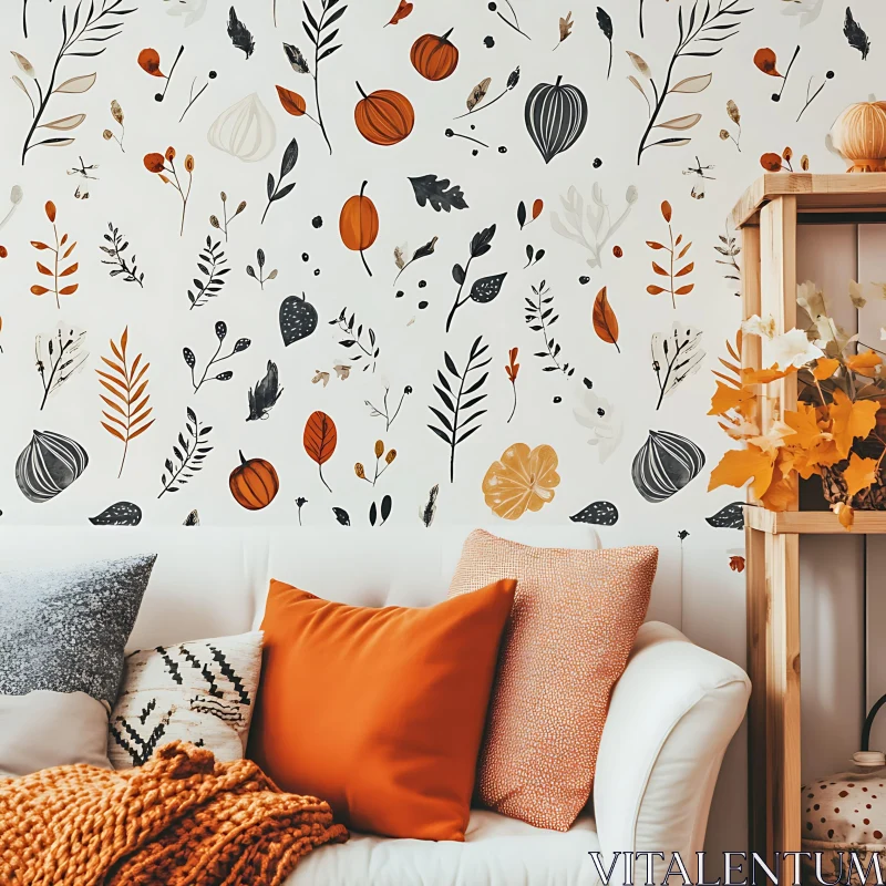 AI ART Cozy Fall Decor with Leaf Patterned Wall