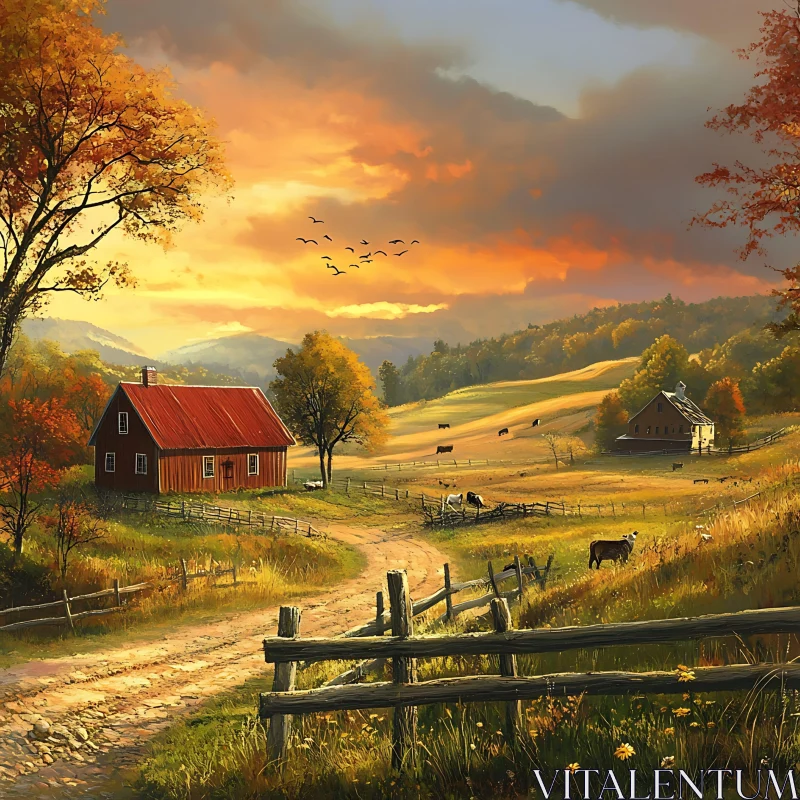 Autumnal Farm with Grazing Cows AI Image