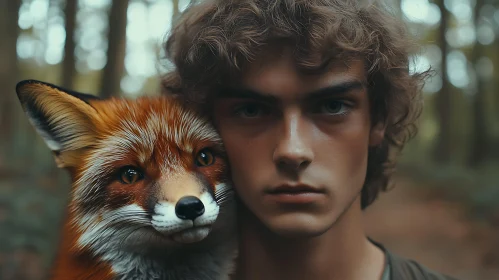 Fox and Man Together in Forest