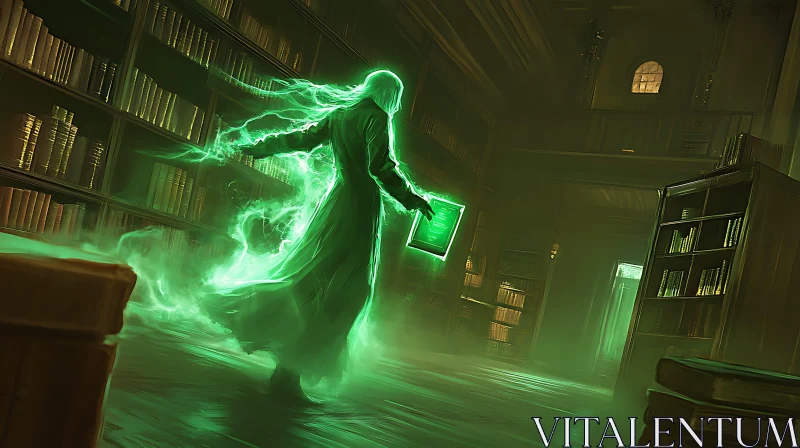 AI ART Glowing Specter Reading in Old Library