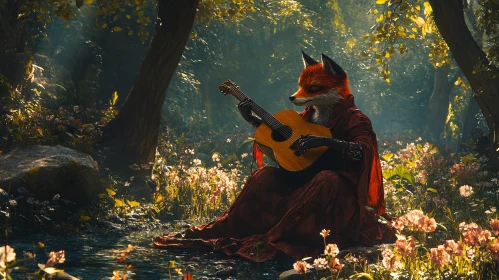 Fox Playing Guitar in Forest Glade