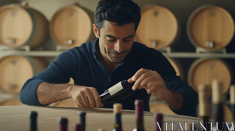 AI ART Sommelier Examining Wine in Barrel Room