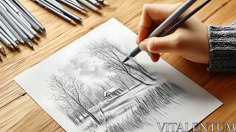 Sketching a Serene Countryside Scene AI Image