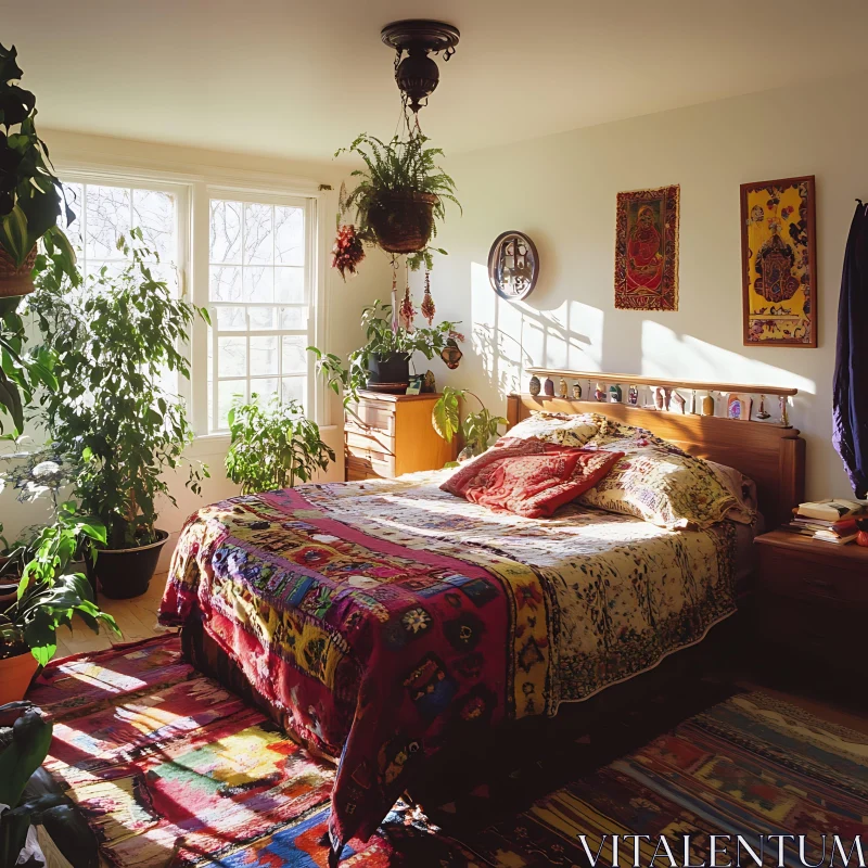 AI ART Sunlit Bedroom with Colorful Quilt and Plants