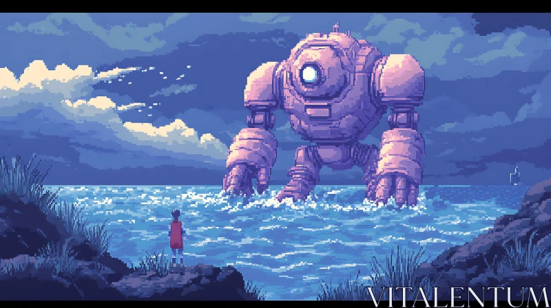 Giant Robot on the Seashore AI Image